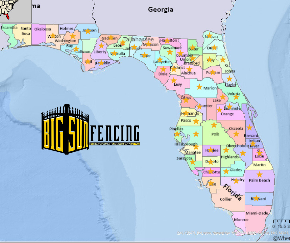 Map of Big Sun Fencing Service Area throughout Florida